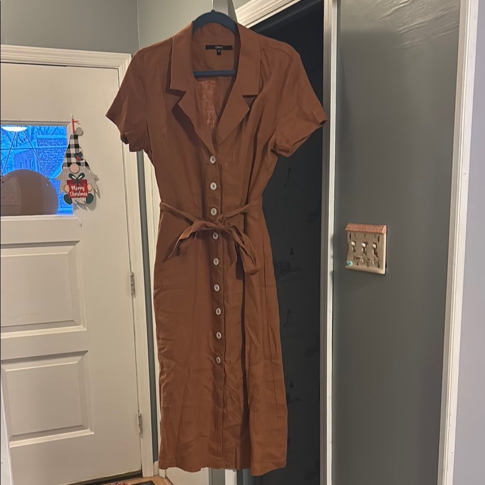 Button-Front Brown Shirt Dress with Tie Waist